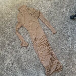 Elegant Tan Long Sleeve Open Back Maxi Dress